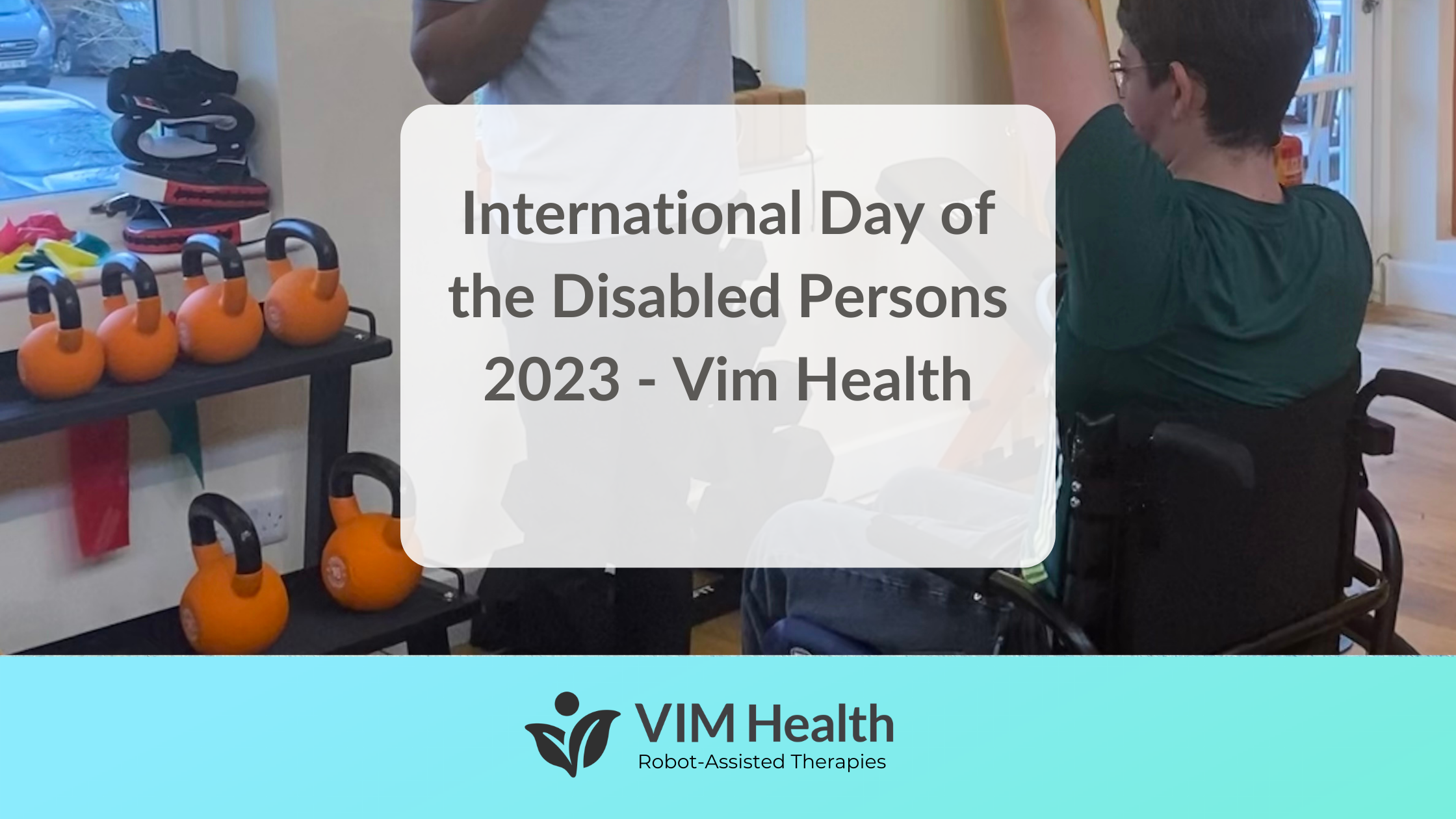 Background image of Jack sat in wheelchaiar whilst using kettlebells during his PT session