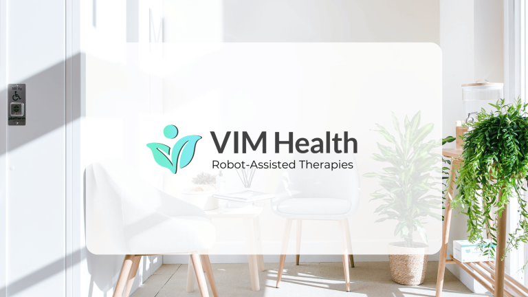 Vim Health Robot-assisted therapies tagline in white box with background image of sunny waiting area (blog banner)