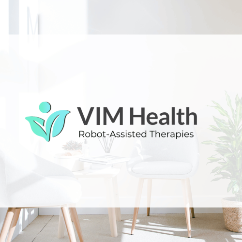 Vim Health Robot-assisted therapies tagline in white box with background image of sunny waiting area (blog banner)