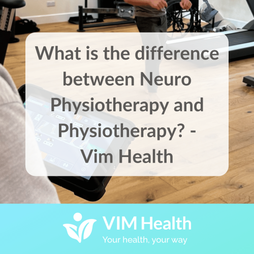 blog banner with cyan branding along the bottom saying Vim Health robot assisted therapies and text in a white box that reads: whats the difference between neurophysiotherapy and physiotherapy?